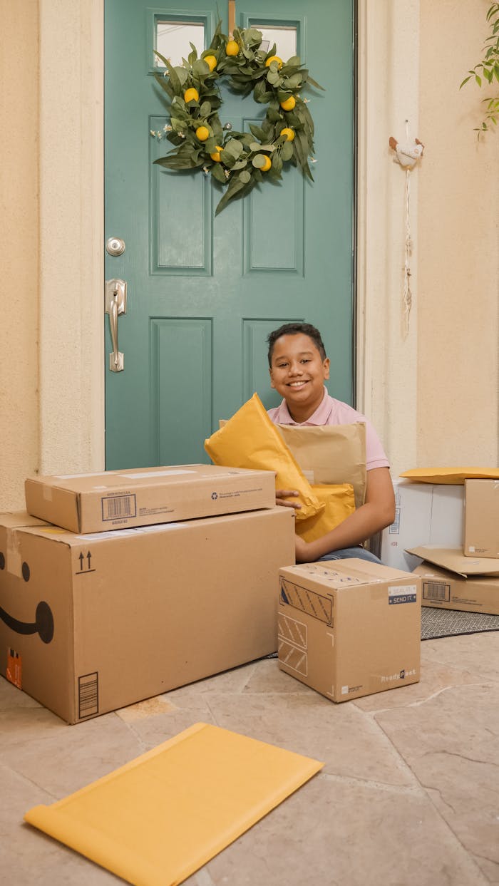 Smiling child sitting with multiple packages on a porch, green door background.